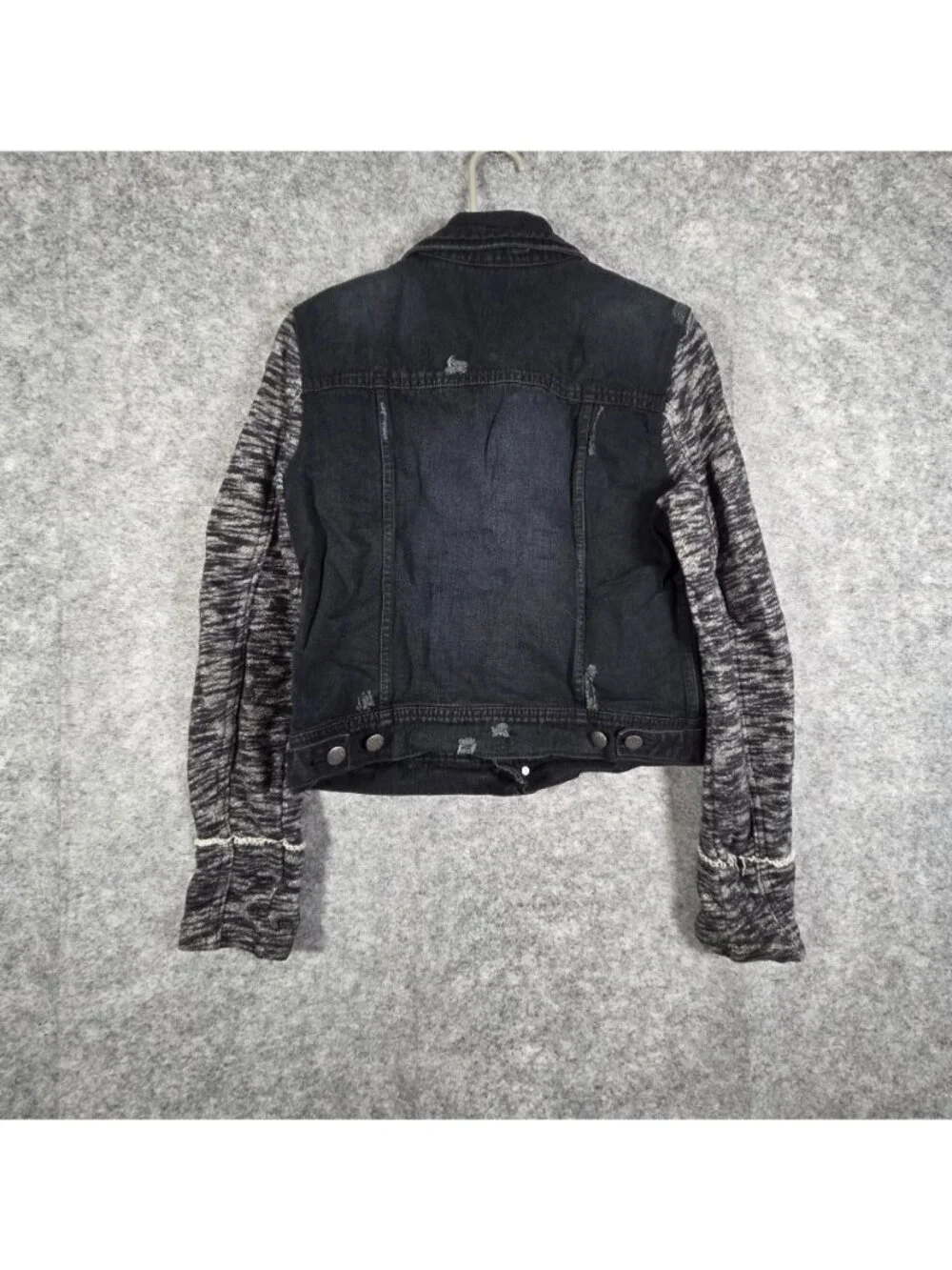 Free People Denim Jacket Layered Knit Hooded Dark Washed Women's Size Small - Picture 6 of 9